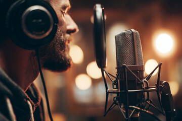 Man recording vocals in a studio setting.