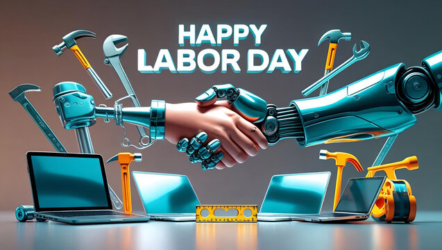 Happy Labor Day: A handshake between a human hand and robotic arm symbolizes labor day with tools and laptop with Happy Labor Day banner.