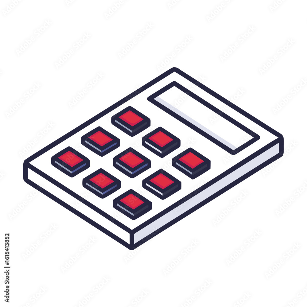 Poster isometric calculator with red buttons and blank display on white background device electronic
