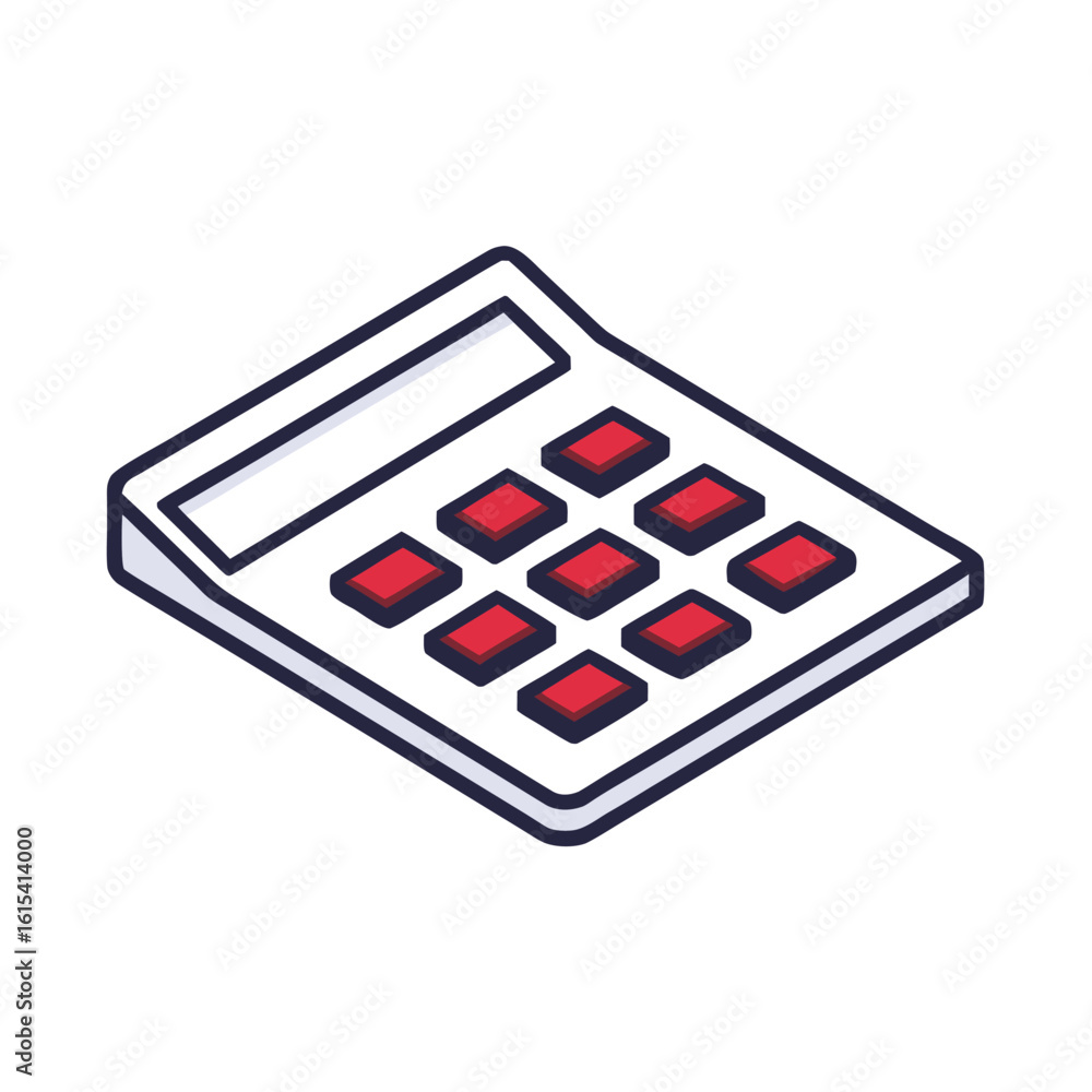 Poster isometric calculator with red buttons and white display on transparent background device technology