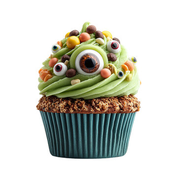 Halloween cupcake with green frosting and candy eyeballs, spooky dessert, on isolated white background --s 250