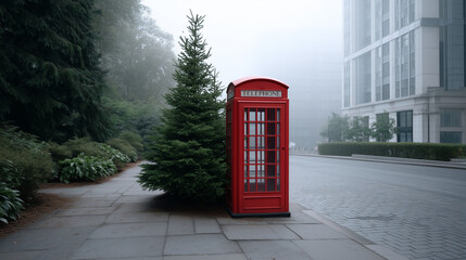Nostalgic Red Telephone Booth in Misty Urban Setting