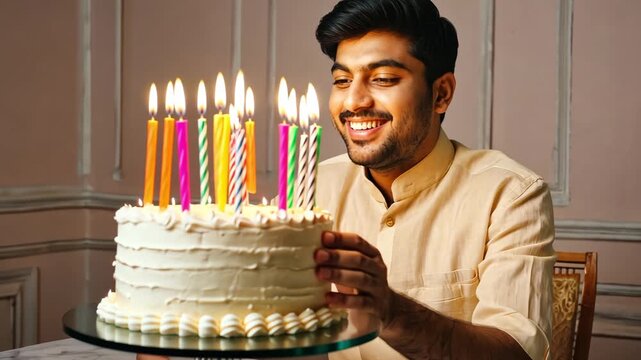 AI Generative Young man blowing out candles on cake, happy birthday celebration