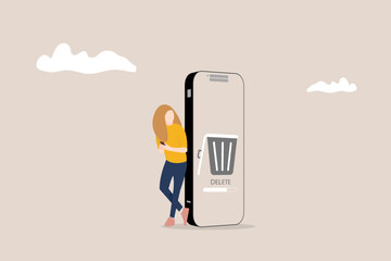 woman cleaning mobile phone from trash files. woman removing folder with document, mail, spam to waste bin, cleansing cache