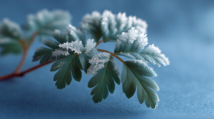 Intricate Frost Patterns on Leaf in Cool Blue Tones