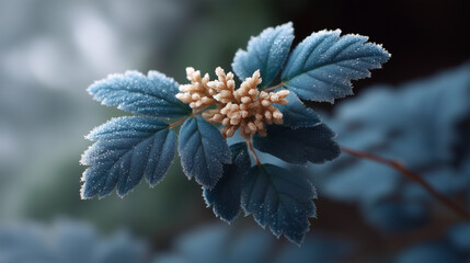 Intricate Frost Patterns on Leaf in Cool Blue Tones