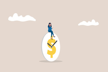 Business woman sitting on clock. concept of time management foresight in managing project deadline opportunity timer countdown progress