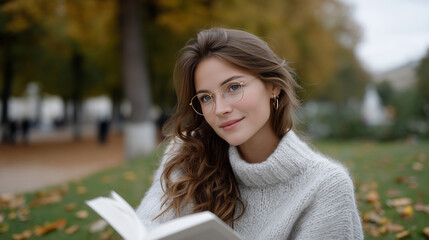 Young Woman Enjoying a Book Amidst Autumn Leaves