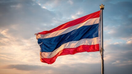 The Thai national flag waves proudly against a clear blue sky, representing the courage and sacrifice of Thai soldiers who have protected the nation’s independence and sovereignty through generations.