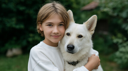 Joyful child embracing dog in sunny garden