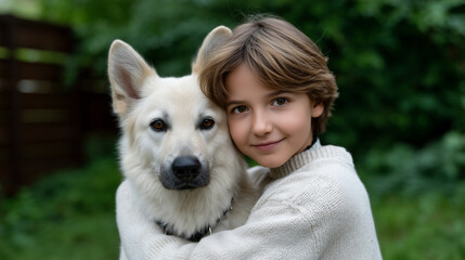 Joyful Child Embracing Dog in Sunlit Garden