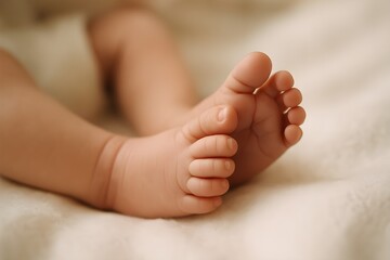 Newborn baby feet resting on a blanket, symbolizing new life, maternity care, and gentle beginnings. Tiny infant heels. Neonatal health, parenting, and postnatal care. Maternity hospital. Pediatrics 