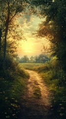 Naklejka premium Pathway Through Forest Opens to Field at Sunset