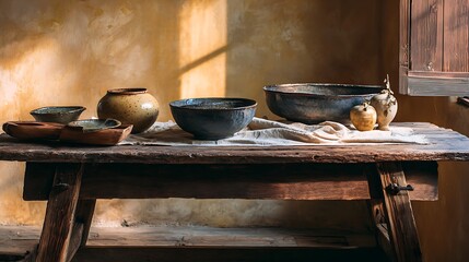 Wabi-sabi styled table with rustic ceramics wrinkled linen and warm light