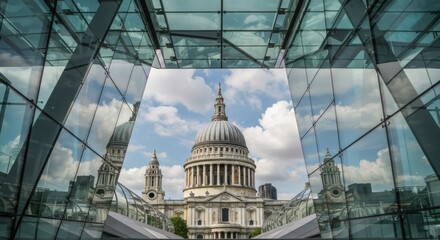 A unique architectural perspective showcases London's iconic St. Paul's Cathedral, framed through a modern glass structure that reflects the blue sky and clouds.