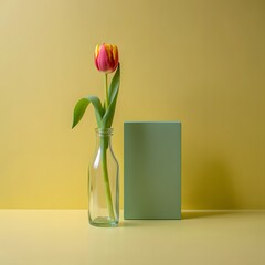 Still life tulip flower in vase with green box on yellow background minimalist aesthetic