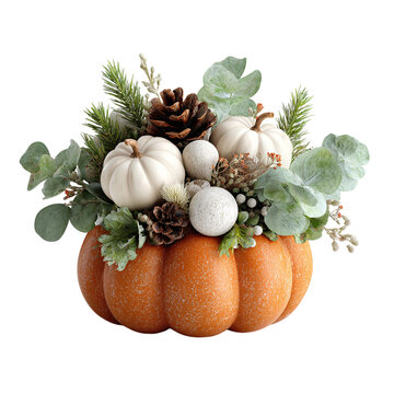 Pumpkin centerpiece decorated with eucalyptus, mini pinecones, and white gourds, neutral color palette, on isolated white background --s 250
