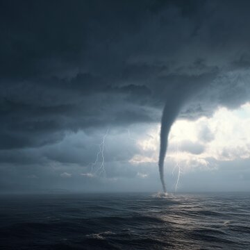 A waterspout in the ocean, the indomitable force of nature on open waters. The concept of a waterspout