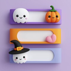 Cute Halloween Ghost and Pumpkin Labels on Purple Background