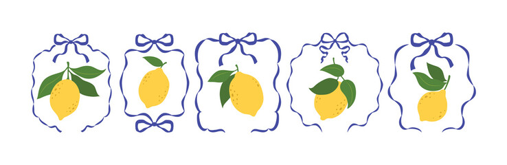 Lemons, frames, bows, lemon leaves. Blue Mediterranean style. Vector elegant colorful doodle illustration of lemons, frames for poster, invitation, postcard. Italian style vacation vector illustration