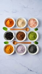 Various colorful powders and ingredients in bowls for cooking and baking concept use
