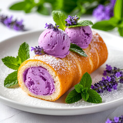Delicious dessert roll with purple ice cream and mint leaves on a plate with flowers
