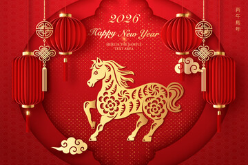 Happy Chinese new year gold red relief horse spiral cloud and traditional lantern. Chinese translation : New year of horse
