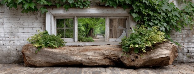 Old wooden window covered in ivy and brambles highlights urban decay, with cracked paint and broken glass adding character and charm