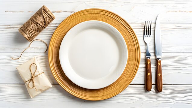 Table setting with white plate and gold charger for elegant dining and rustic charm - Powered by Adobe