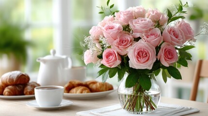 A close-up of delicate rose petals alongside fresh croissants and coffee in a cozy, inviting dining room filled with natural light