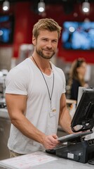 A fitness center receptionist helps a smiling member with digital cards while bright gym equipment decorates the background