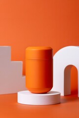 Orange container mockup on white pedestal, product photography, minimalist design, studio shot
