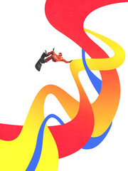 Creative collage of snowboarder flying above colorful curved ribbons on white background. Concept...
