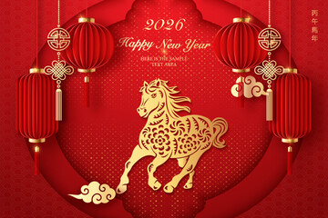 Happy Chinese new year gold red relief horse spiral cloud and traditional lantern. Chinese translation : New year of horse