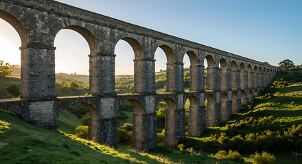 Obraz premium Capture a Roman-style stone aqueduct stretching across a green valley. Emphasize the repeating arches and historical engineering.