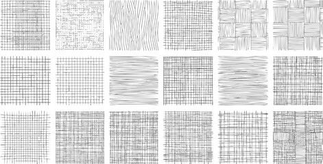 Line patterns set, decorative hatching backgrounds, drawn straight and curved lines, grid texture