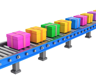 Obraz premium Colorful Gift Boxes on Conveyor Belt 3D Illustration