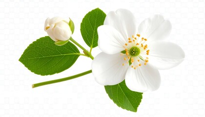 Close-up of a white flower branch with leaves