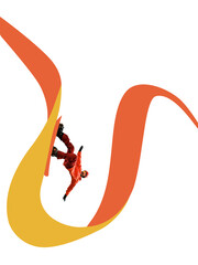 Bright collage of snowboarder in winter gear twisting through orange wave. Concept of winter sport...