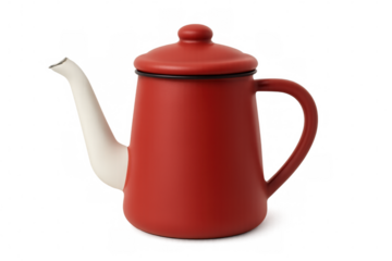 Classic red coffee pot with white spout, isolated on transparent background, ideal for kitchen and breakfast visuals