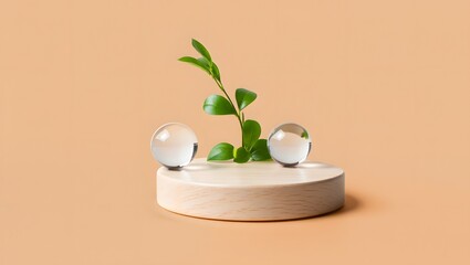 Minimalist product display mockup with crystal balls and green plant on beige background