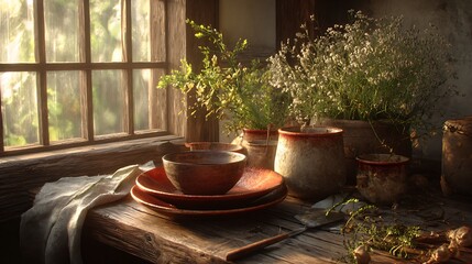 Wabi-sabi styled table with rustic ceramics wrinkled linen and warm light