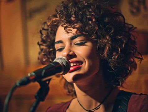 young woman singing into microphone with curly hair 