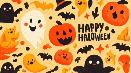 A cute and colorful illustration of various Halloween symbols like pumpkins, ghosts, bats, and smiling faces with the text "Happy Halloween". Orange color scheme, cute cartoon character design.
