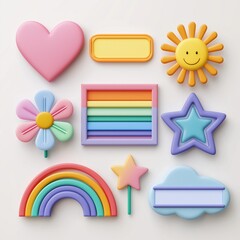 Pastel 3D Cartoon Icons with Rainbow, Cloud, Heart and Star on White Background