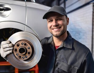Mechanic holding brake disc and smiling in auto repair shop