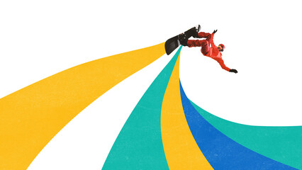 Bright poster of snowboarder mid-air with colorful arcs under snowboard. Concept of winter sport...
