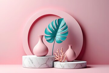 Pink aesthetic product display mockup with vases monstera leaf and coral decoration scene