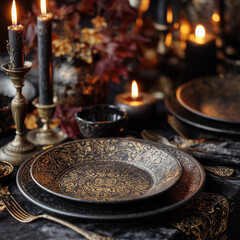 Antique dark plates and cutlery sit on a table surrounded by candles