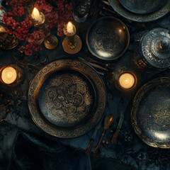Antique dark plates and cutlery sit on a table surrounded by candles